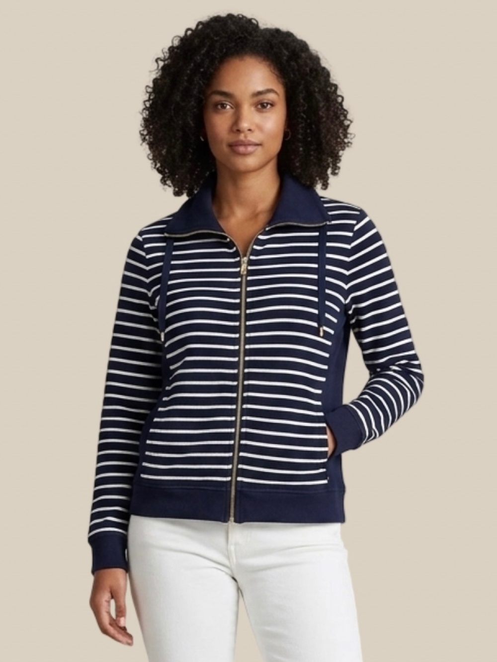 Lauren Ralph Lauren Navy White Stripe Full Zip Cardigan Sweater Jacket Cotton LP
